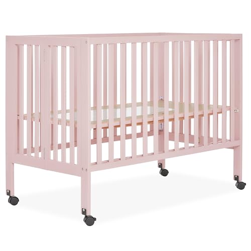 Image of Dream On Me Quinn Full-Size Portable Baby Crib in Blush Pink, GreenGuard Gold & JPMA, Patented Quick Fold System, Adjustable Mattress Support, Smooth Wheels, Compact Design, Safe Sleep Assurance