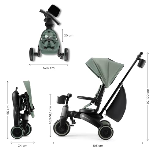 Kinderkraft Jazz 2, 6-IN-1-DREIRAD MIT LAUFRADFUNKTION, Kinder Fahrrad, Kinderwagen, Klappbar mit Zubehör, UPF50+ UV-Schutz, von 9 Monaten bis 5 Jahren an, Grün