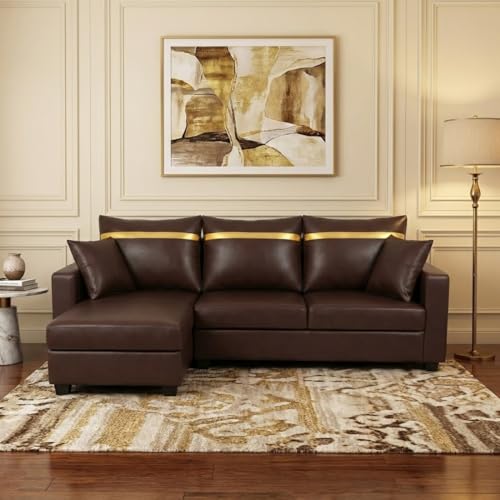 Image of FURNY Arossa 4 Seater Leatherette LHS L Shape Sofa Set (Brown) Premium Velvet Finish| Durable Comfort Ideal for Living Room