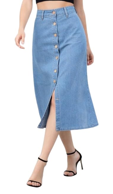 Image of Flared Comfortable Solid Long Denim Skirt for Women & Girls