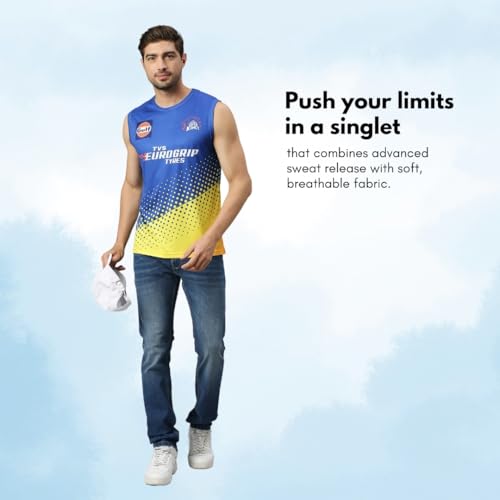 Image of playR x CSK Training Singlet 2023 - Regular Fit Unisex Adut Sports Singlet, CSK Fanwear for Outdoor, Training, Casual Wear All Season
