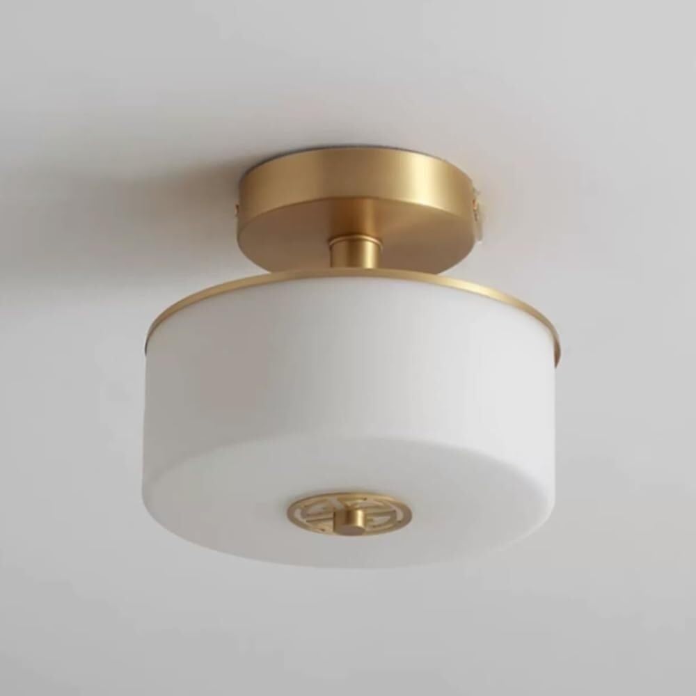 Lámpara de techo de estilo chino, semiempotrada, luz nocturna para el hogar, pantalla de cristal blanco lechoso, lámpara redonda de cobre, luz de techo para pasillo, escalera, iluminación moderna y s