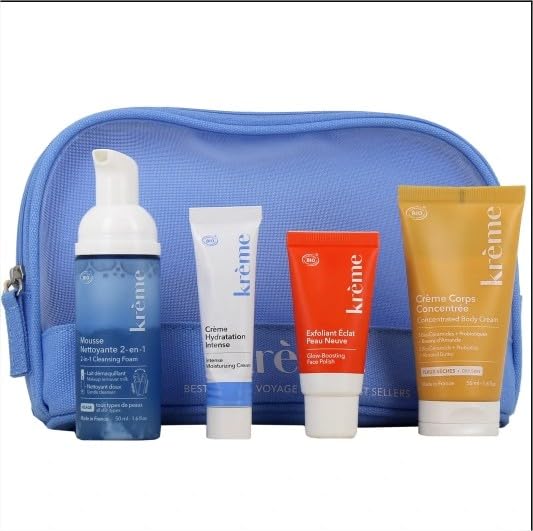 Krème Travel Kit, Travel Kit with 2-in-1 Cleansing Foam, Intense Hydration Cream, Radiance Exfoliator, Concentrated Body Cream, Blue