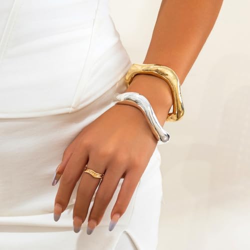 2pcs Gold Bangle Bracelets for Women Chunky Gold Silver Bangle Cuff Bracelet Stack Trendy Bangle Arm Cuff Set3