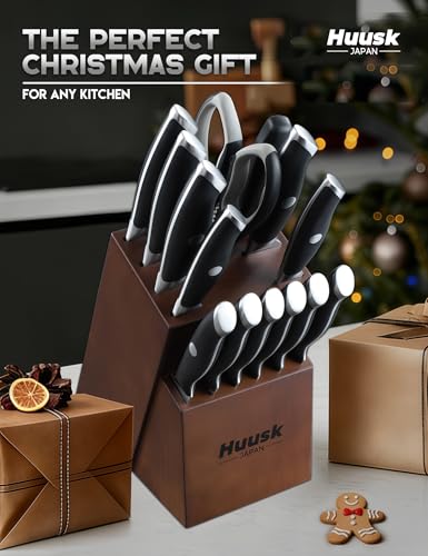 Image of Huusk Kitchen Knife Block Set - Chef Knife Set with Acacia Block Black 14PC
