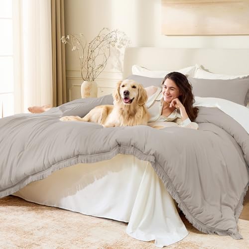 Image of Andency Queen Comforter Set Heather Grey, 3 Pieces Boho Fall Tassel Lightweight Bedding Comforter Sets, All Season Soft Bed Set (90x90In Comforter & 2 Pillowcases)