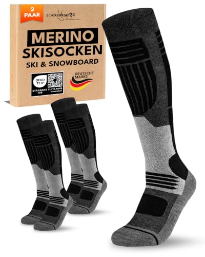 sockenkauf24 Damen Merino Skisocken 39-42 (2 Paar) Thermo Winter Kniestrümpfe mit Polsterung für Ski und Snowboard (Schwarz)
