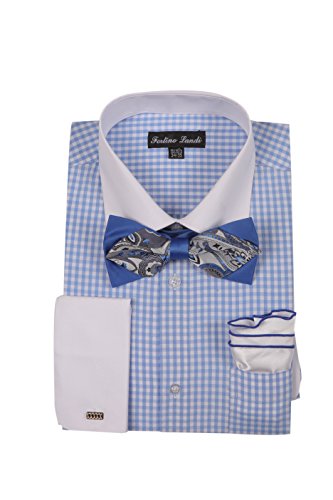Men's Checks Shirt with High Fashion Bowtie and Handkerchief French Cuff FL628 (17 34/35, Blue)