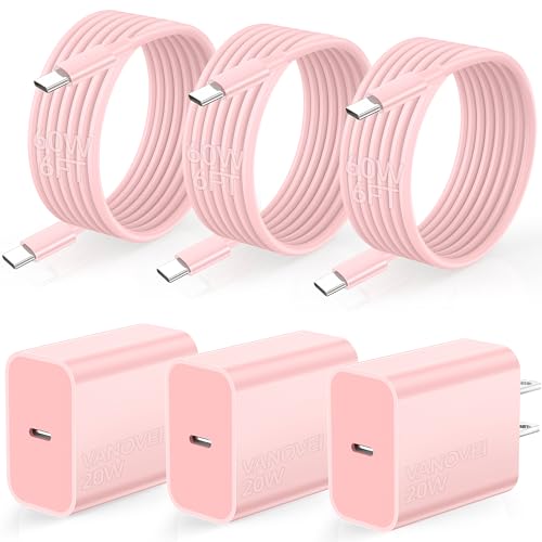 for iPhone USB C Charger Fast Charging, 3Pack 20W USB C Charger Block with 60W USB C to C Cable 6FT, USB C Charger Cord Compatible with iPhone 15 Plus/Pro Max/Pad Pro/Samsung S23/Android ChargerPink…