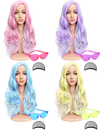 8 Pack Long Wavy Colorful Wigs - Curly Synthetic Heat Resistant wigs - Costume Cosplay Wig for Women with 4 Colored Cat Eye Sunglasses for Daily Party