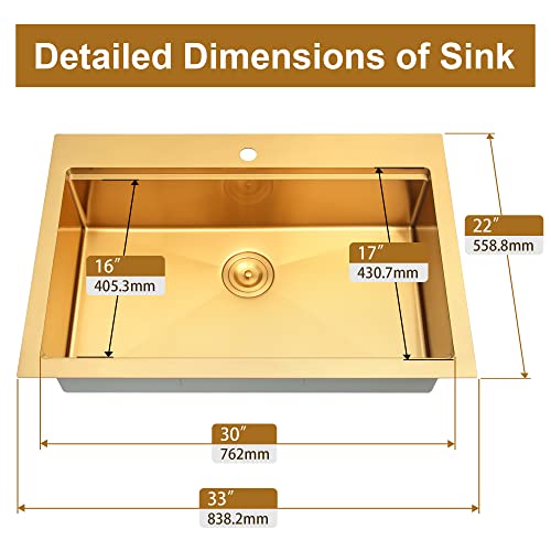 Image of Gold Kitchen Sink, 33 inch x 22 inch Drop In Kitchen Sink,16 Gauge Stainless Steel All In One Workstation Sink with Ledge & Accessories, 33 inch x 22 inch x 10 inch Large and Deep Top Mount Kitchen Sinks