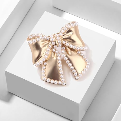 Image of 14k Golden Plated Bow Knot Lapel Brooch Pin Cultured Pearl Ribbon Bow Pins Clip Sweater Dress Suit Clothes Accessories Brooches Pins Fashion Christmas Birthday Jewelry Gifts for Women Girls Decor
