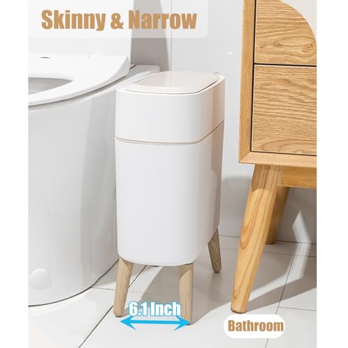 Image of Yatmung 2 Pack - Motion Sensor Trash Can with Lid - Slim Smart Garbage Can | Waste Basket for Bedroom, Office, Kitchen, Living Room - Automatic Trash Can Bathroom Touchless - White with Wooden Legs
