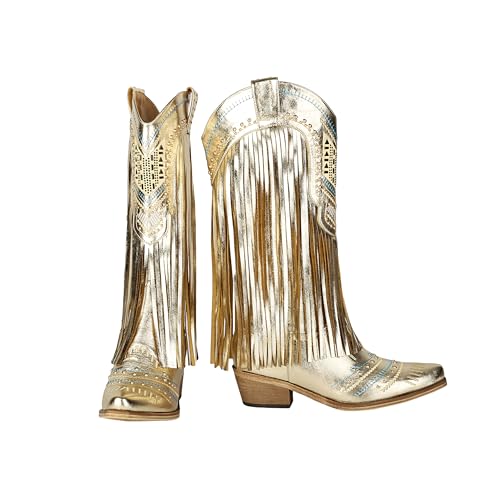 Image of Fringe Cowboy Boots for Women Wide Calf Embroidered Tassal Cowgirl Boot Knee High Snip Toe Pull On Western Shoes