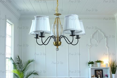 Image of Prop It Up 5-Light Chandelier with White Fabric Shades for Home, Gold and Black Metal Frame jhoomer for Hall, Crystal Accent, E27 Holder, 72x78 cm