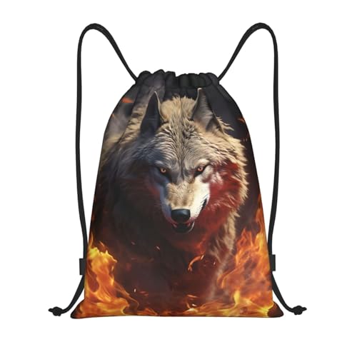 Drawstring Backpack Wolf Burning in Fire Drawstring Bag Sports String Bag Gym Sackpack for Women Men