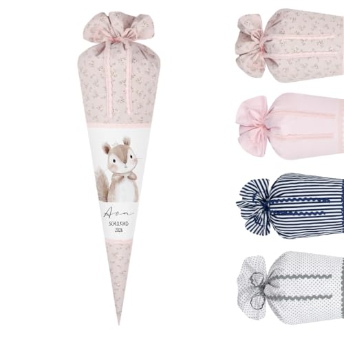 Personalisierte Schultüte aus Stoff mit Name | Handgenähtes Set inkl. Rohling | 8 Motive | 70cm & 35cm | Waschbar & zum Kissen wandelbar | Einschulung (Eichhörnchen Rosa geblümt)