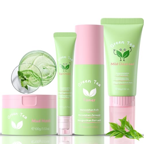 Green Tea Korean Skin Care Set, 4-In-1 Skincare Set for Women & Teen Girls, Skin Care Products: Eye Cream, Cleanser, Mud Mask, Toner, Control Oil, Shrink Pores, Skincare Sets for Girls (Green 04)