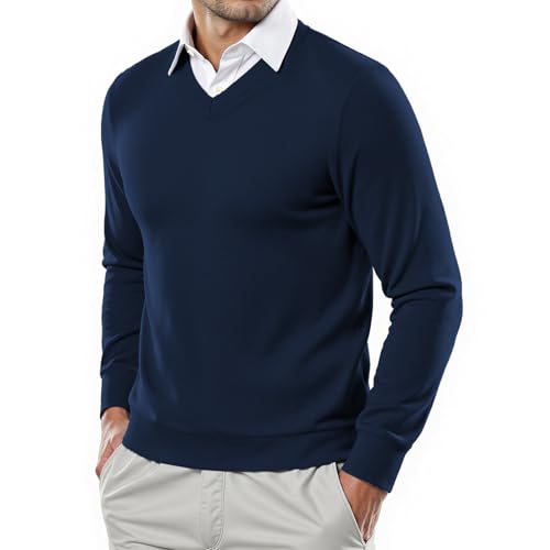 Misfuso Pull Homme à Col Chemise Pullover Homme Manches Longues Classiques en Maille Tricot l'automne Hiver Élégance Décontractée Bleu Foncé XXL