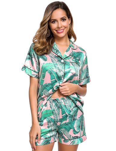 Image of SWOMOG Womens Silk Satin Pajamas Set Short Sleeve Sleepwear Button Down Top and Shorts Loungewear 2 Piece Pjs Set XS-3XL