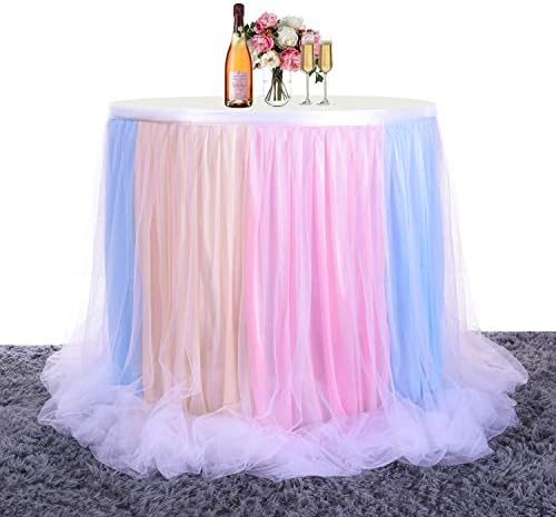 leegleri Tulle Tutu Table Skirt for Unicorn Themed Party Table Decorations, Baby Shower Wedding, Rainbow Table Skirt for Rectangle or Round Table (Rainbow, L 9(ft)*H 30in)