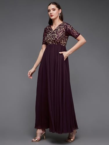 Image of Miss Chase Women's V-Neck Full Sleeve Self Design Lace-Overlaid Georgette Maxi Dress