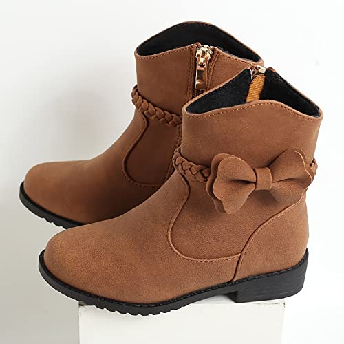 Girls Bow Decor Side Zip Western Boots Kids Ankle Boots Girls Low Heel Riding Booties with Zipper Girls Dress Booties (Brown, 7-8 Years)2