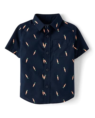 The Childrens Place Baby Boys and Toddler Poplin Short Sleeve Button Down Shirt Navy Carrots 5 Years