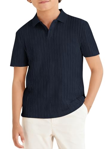 Haloumoning Boys Knit Short Sleeve Polo Shirt Kids Summer Casual Shirts School Uniform Golf Tops Tees 5-14Y Navy Blue