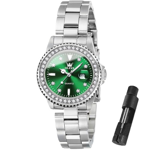 OLEVS Watch Women Elegant Dress Diamond Silver Stainless Steel Female Watches for Women Green Small Face Analog Quartz Waterproof Luminous Ladies Watches Reloj para Mujer