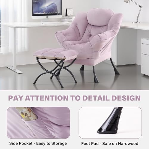 Image of Tiita Lazy Chair with Ottoman, Purple Modern Large Accent Armchair, Comfy Leisure Sofa Reading Chair with Footrest for Bedroom, Living Room, Dorm Rooms, Garden, Velvet Light Purple
