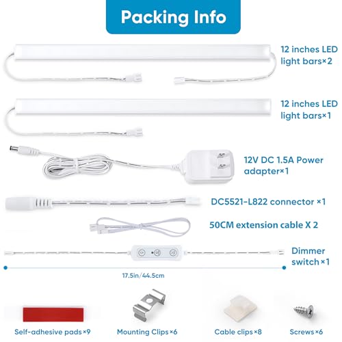 Image of Under Cabinet Lights Plug in, 3 pcs 12 Inches LED Light Strip Bars. Super Bright Dimmable Linkable for Kitchen Under Cabinets Shelf Work Space Desk Closet Lighting. Daylight 5000K (Pack of 3)