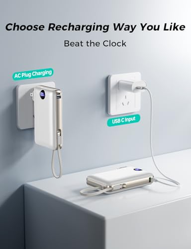 Image of Portable Charger 50000mAh with Built-in Cables and AC Wall Plug, 22.5W Fast Charging Power Bank with LED Display for iPhone 17 /16, Samsung, Android Devices, Camping, Road Trips and Travel, White