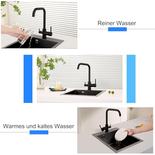 KINKIBOS Drei Wege Wasserhahn Schwarz, 3-wege küchenarmatur 360° Schwenkbar, 3 Wege Wasserhahn für Osmoseanlage, Trinkwasserhahn mit 2 Hebel, Messing Spültischarmatur für Filtersysteme Schwarz Retro