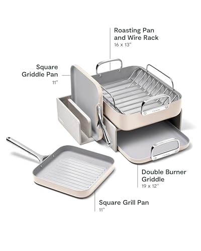 Image of Caraway Square Cookware Set - Square Pans Set - Perfect for Griddling, Toasting, Searing, Roasting, and More - Non-Stick Ceramic Coated Pans - Non Toxic, PTFE & PFOA Free - Cream