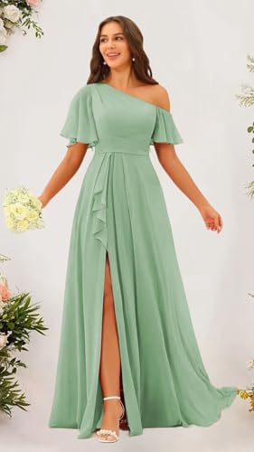 One Shoulder Bridesmaid Dresses for Women with Pockets Short Sleeve Ruffled Chiffon Formal Evening Gowns4