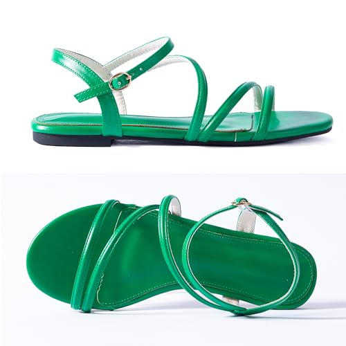 Image of Mtzyoa Women Flat Sandals Dressy Strappy Gladiator Summer Ankle Strap Nude Open Toe Comfortable Wedding Casual Leather Ladies Party Trendy Vacation