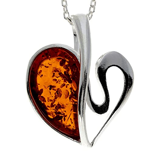 Genuine Cognac Baltic Amber & Sterling Silver Modern Heart Pendant without Chain - GL2015