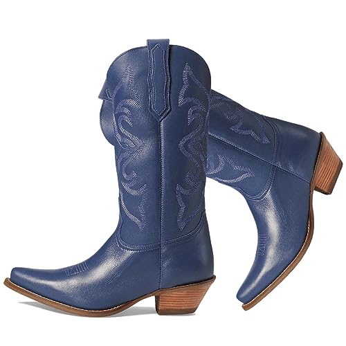 Image of LEHOOR Cowboy Boots Women Embroidered Mid Calf Western Boots Stacked Low Heel Pointed Toe Pull On Cowgirl Boot 4-11 M US