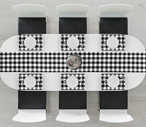 Purpleessences Buffalo Plaid Table Runner 14 X 72 Inch Checkered Gingham Table Runner 100% Cotton Fused Spring Summer Easter Home Kitchen Table Decorations - Black And White #TOP4