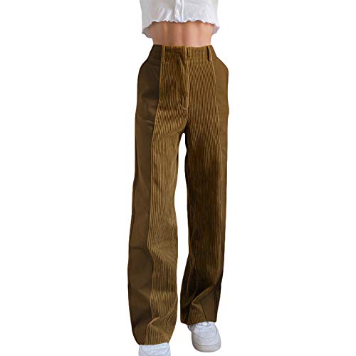 Honganda Fashion Women's Straight Leg Pants Corduroy Mid Waist Patchwork Corduroy Pants Casual Trousers with Pockets (Brown, Medium)