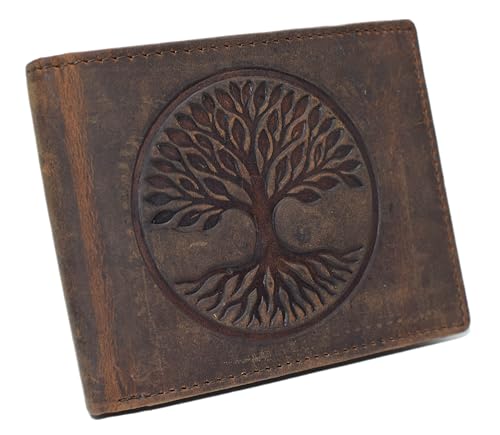 Vintage Leather RFID Protected Men's Bifold Wallet with Tree of Life Design (Brown)