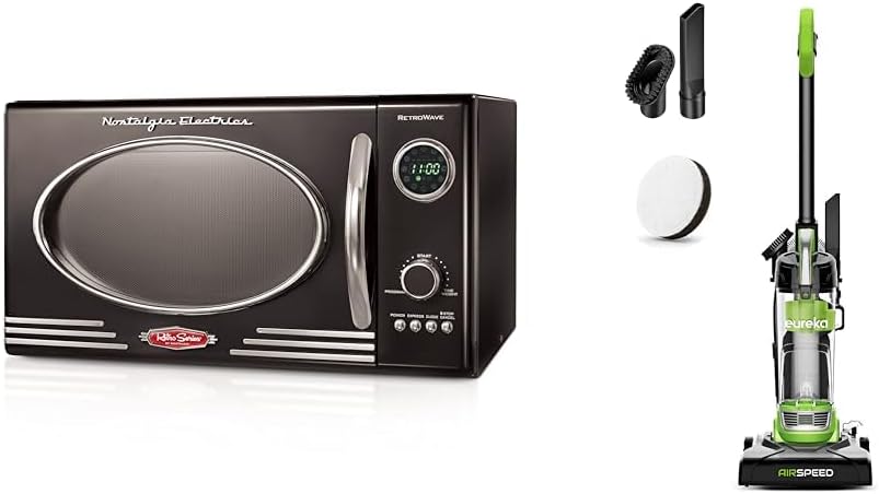 Nostalgia Horno microondas retro para encimera y Eureka Potente aspiradora vertical sin bolsa para alfombras y piso Airspeed ultraligero, con filtro