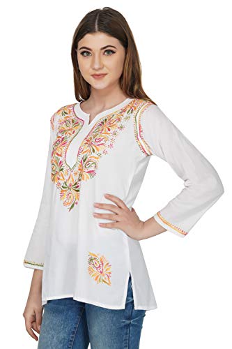 Image of Vahson Designer Hand Lucknowi Chikankari Embroidery Cotton Short Kurti for Women /Girls