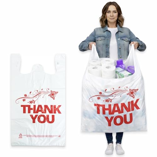 YoYoRain 50 Count White Oversized Thank You T-Shirt Bags 20 x 10 x 36 in