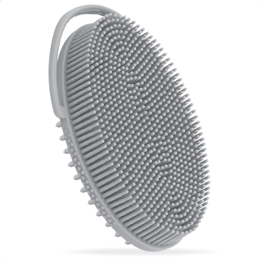 Image of FREATECH Silicone Body Scrubber with Loop Handle, Gentle Exfoliating Bath Shower Scrubber Body Scrub Brush for Men Women Kids, Sensitive Skin, More Hygienic Than Loofah, Easy to Clean, Grey