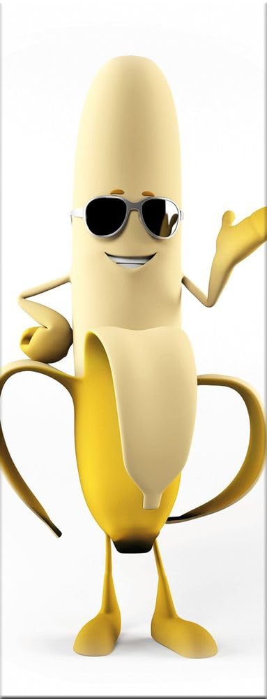 Glasbild Küche 30x80 cm Küchenbild modern: Coole Banane mit Sonnenbrille AG9400A – Wandbild Küche Hochformat hochkant schmal, Küchendeko gelb lustig