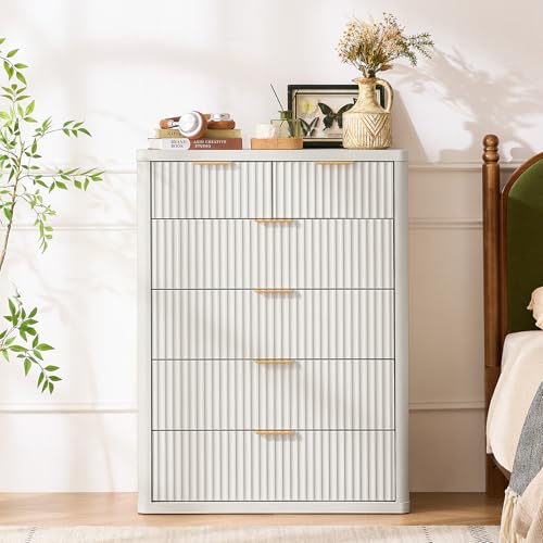 Image of LEYAOYAO Fluted 6 Drawers Dresser for Bedroom Set of 2, 42 inch Tall Modern Chest of Drawers with Metal Handle, Curved Profile Design,White Wood Drawer Organizer for Bedroom, Living Room, Hallway