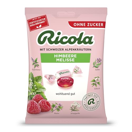Ricola Himbeere Melisse 75g Beutel Original Schweizer Kräuter-Bonbons mit 13 Alpenkräutern & fruchtig-frischer Himbeere zuckerfrei 1 x 75g vegan