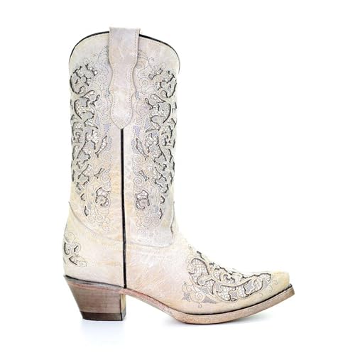 Corral Boots Teen's White Glitter Inlay & Embroidery Snip Toe Cowboy Boots for Girls | Low Heel Leather Western Cowgirl Boots4